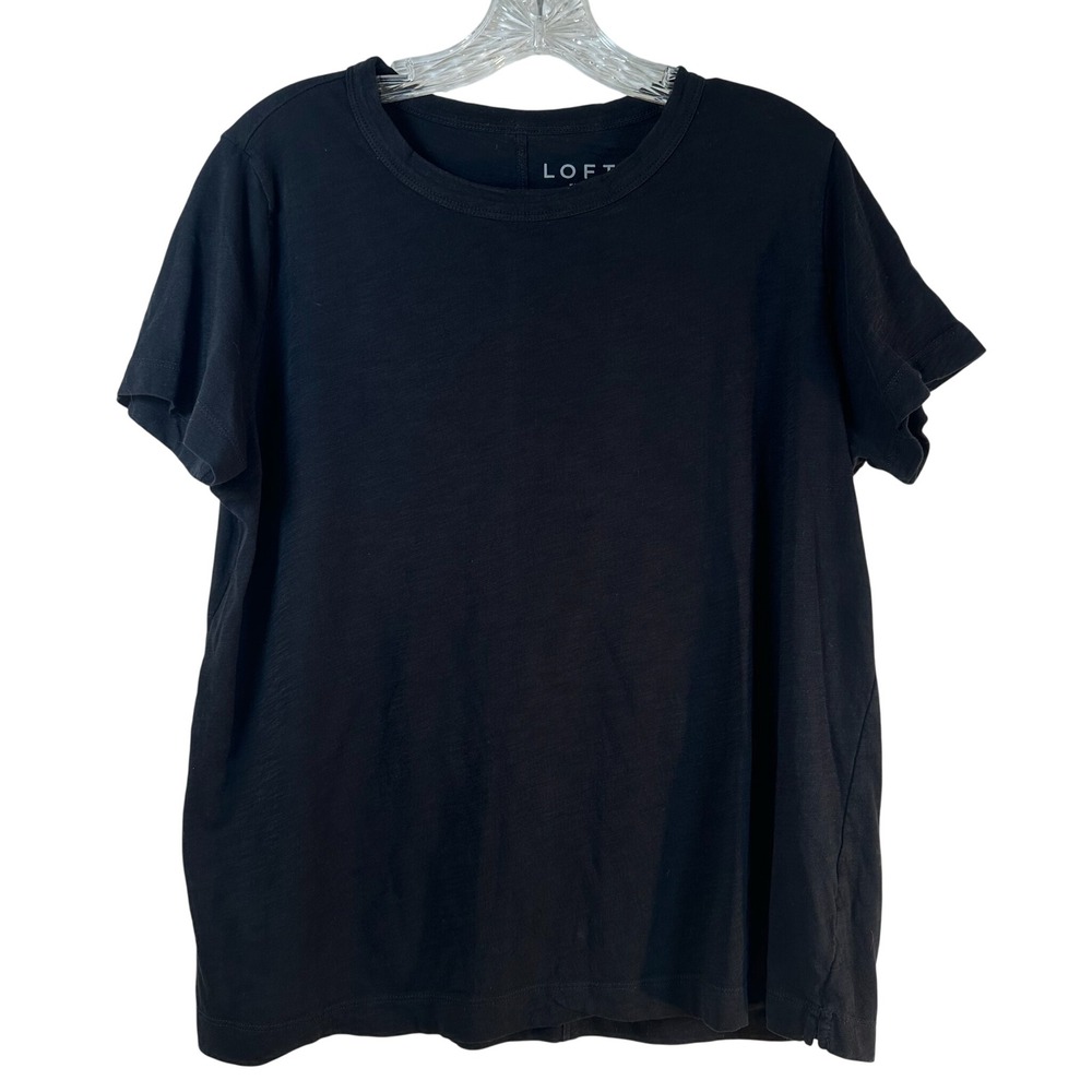 Loft Womens Black Short Sleeve Crew Neck Slub Cotton Blend T-Shirt Size L